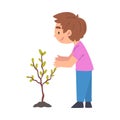 Cute Boy Planting Tree, Child Working in Garden or Taking Care about Planet, Environmental Protection Concept Cartoon