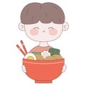 Cute boy with a plate of ramen. Kawaii Japanese food illustration. Traditional Japanese noodle. Asian food