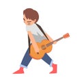 Cute Boy Playing Acoustic Guitar, Kid Learning to Play Musical Instrument Cartoon Style Vector Illustration Royalty Free Stock Photo