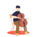 Cute boy playing cello. Small kid play classical music on classic instrument. Children orchestra