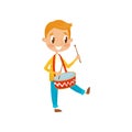 Cute boy playing drum, little musician character with musical instrument cartoon vector Illustration on a white Royalty Free Stock Photo