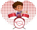 Cute boy playing drum on white background Royalty Free Stock Photo