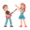 Cute Boy Playing Electric Guitar and Girl Singing with Microphone, Kid Learning to Play Musical Instrument Cartoon Style Royalty Free Stock Photo
