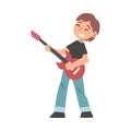 Cute Boy Playing Electric Guitar, Kid Learning to Play Musical Instrument Cartoon Style Vector Illustration Royalty Free Stock Photo