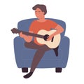 Cute boy playing guitar in cozy armchair furniture Royalty Free Stock Photo