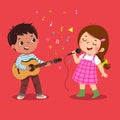 Cute boy playing guitar and little girl singing on red background Royalty Free Stock Photo