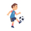 Cute Boy Playing Soccer, Kid Doing Sports, Healthy Lifestyle Concept Cartoon Style Vector Illustration Royalty Free Stock Photo