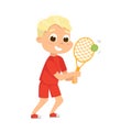 Cute Boy Playing Tennis as Physical Culture Vector Illustration