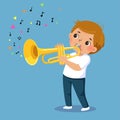 Cute boy playing the trumpet on blue background