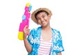 Cute boy playing water gun on white background Royalty Free Stock Photo