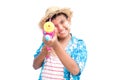 Cute boy playing water gun on white background Royalty Free Stock Photo