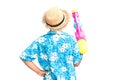 Cute boy playing water gun on white background Royalty Free Stock Photo