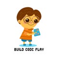 Cute boy is programming. Laptop robotics for kids, cartoon character. Vector illustration. Royalty Free Stock Photo