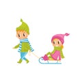 Cute boy pulling little girl on sledge. Outdoor activity. Cheerful brother and sister in warm winter outfit. Flat vector