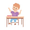 Cute Boy Pupil in Classroom at Desk Raising Hand Have Lesson Vector Illustration