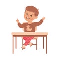 Cute Boy Pupil in Classroom at Desk Raising Hand Have Lesson Vector Illustration