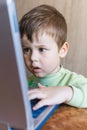 Cute boy is pushing laptops keyboard and he is looking at the screen. Royalty Free Stock Photo