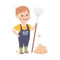 Cute Boy Raking Leaves, Kid Helping his Parents with Housework or Doing Household Chores Cartoon Style Vector