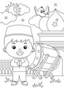 Coloring page of cute muslim boy in front of mosque and bedug