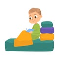 Cute Boy Reading Book in his Bed Before Bedtime Cartoon Style Vector Illustration Royalty Free Stock Photo