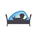 Cute boy reading a book at nigh, child reading a book in bed under a blanket vector Illustration on a white background Royalty Free Stock Photo