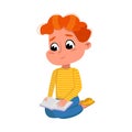 Cute Boy Reading Book while Sitting on Ffloor, Preschooler Kid or Elementary School Student Enjoying Literature Cartoon