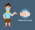 Cute boy recommends preventing virus by washing your hands. Cute kid flat style character for design, motion or design Royalty Free Stock Photo