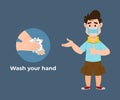 Cute boy recommends preventing virus by washing your hands with hand sanitizer. Cute kid flat style character for design, motion Royalty Free Stock Photo