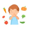 Cute Boy Refusing to Eat Vegetables, Kid Does Not Like Healthy Food Vector Illustration Royalty Free Stock Photo