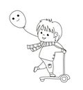 Smiling little boy on kick scooter. Funny coloring book Illustration. Vector Royalty Free Stock Photo