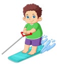 A cute boy riding water ski