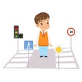 Cute Boy and Road Signs, Child Learning Rules of Road, Safety of Kids in Traffic Vector Illustration Royalty Free Stock Photo