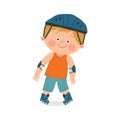 Cute boy roller skating with inline skates. Children activities. Cartoon vector hand drawn eps 10 illustration isolated