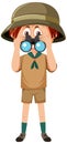 Cute boy scout cartoon character looking through binoculars