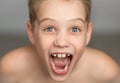 A cute boy screams with joy. A freestanding young man on a gray background with jagged white teeth is emotionally surprised, Royalty Free Stock Photo