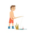 Cute Boy in Shorts and Rubber Boots Fishing with Fishing Rod, Little Fisherman Cartoon Character Vector Illustration