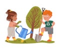 Cute Boy with Shovel and Girl with Watering Can Planting Tree Caring About Nature Vector Illustration Royalty Free Stock Photo