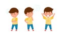 Cute boy showing different emotions set. Kid with angry, thoughtful and ecstatic face expression cartoon vector Royalty Free Stock Photo