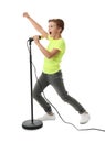 Cute boy singing in microphone on white Royalty Free Stock Photo