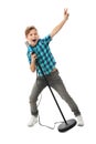 Cute boy singing in microphone on white Royalty Free Stock Photo