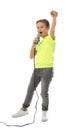 Cute boy singing in microphone on white Royalty Free Stock Photo