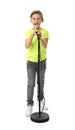 Cute boy singing in microphone on white Royalty Free Stock Photo