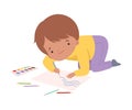 Cute Boy Sitting on the Floor and Drawing Picture with Pencils, Adorable Young Artist Cartoon Character, Kids Creative Royalty Free Stock Photo