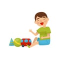 Cute boy sitting on the floor playing with toys, kids activity, daily routine vector Illustration on a white background Royalty Free Stock Photo