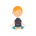 Cute boy sitting in lotus position and meditating, boy practicing yoga cartoon vector Illustration Royalty Free Stock Photo