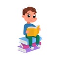 Cute Boy Sitting on Pile of Books and Reading, Preschooler Kid or Elementary School Student Enjoying Literature Cartoon Royalty Free Stock Photo