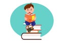 Cute boy sitting and reading a book happy students reading books on piles of books. Flat style cartoon illustration vector