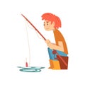 Cute Boy Sitting in Shore with Fishing Rod, Little Fisherman Cartoon Character Vector Illustration