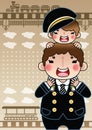 cute boy sitting on stationmaster's shoulder. Vector illustration decorative design Royalty Free Stock Photo