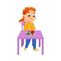 Cute Boy Sitting at Table and Eating Vegetables, Child Refusing to Eat Healthy Food Cartoon Style Vector Illustration Royalty Free Stock Photo